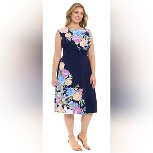 NWT London Style Collection Women's Navy Floral Midi Dress Size 16